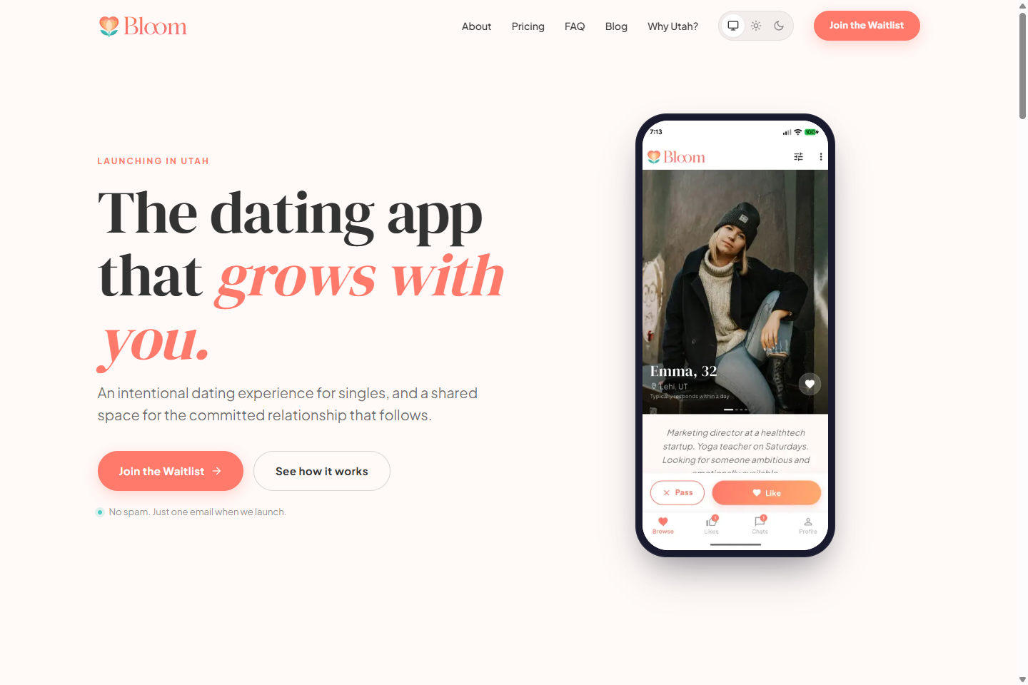 Bloom’s public website introducing its dating and relationship experience