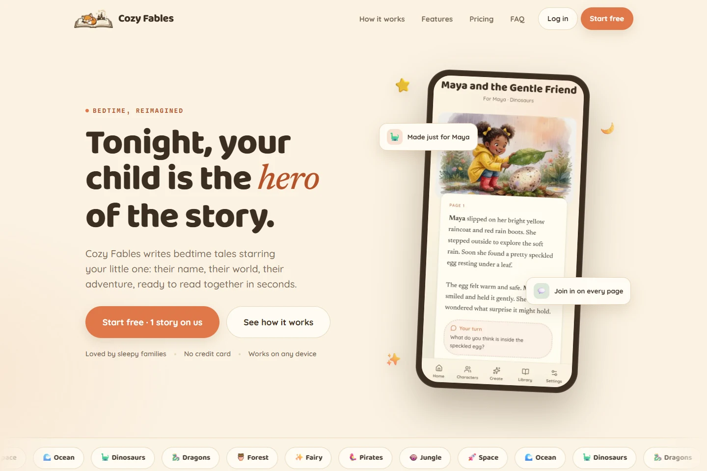 Cozy Fables public website showing its personalized bedtime story experience